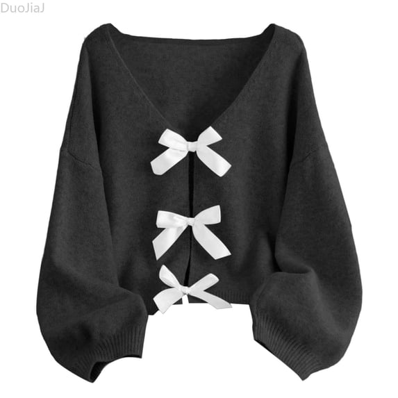 DuoJiaJ Womens Bow Tie Knit Cardigan, V Neck Loose Fit Fall Winter Sweater Black S