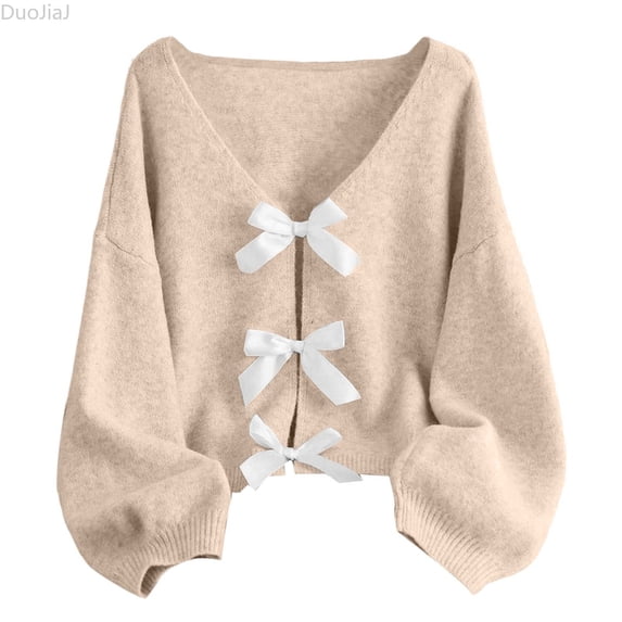 DuoJiaJ Womens Bow Tie Knit Cardigan, V Neck Loose Fit Fall Winter Sweater Yellow XL