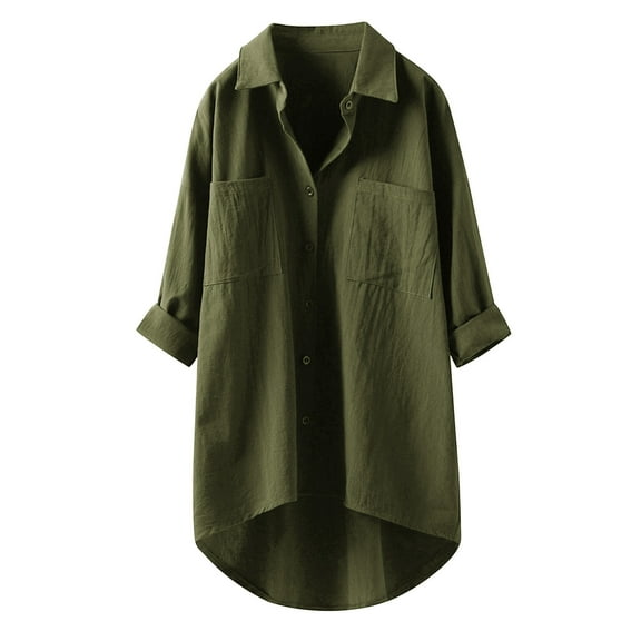 DuoJiaJ Womens Button Down Shirts Casual Long Sleeve Blouses V Neck Dress Shirt Textured Collared Work Tops with Pocket Green L