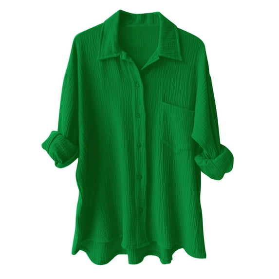 DuoJiaJ Womens Button Down Shirts Long Sleeve Dress Shirt Textured Collared Work Blouse Dressy Casual Tops with Pocket Green L