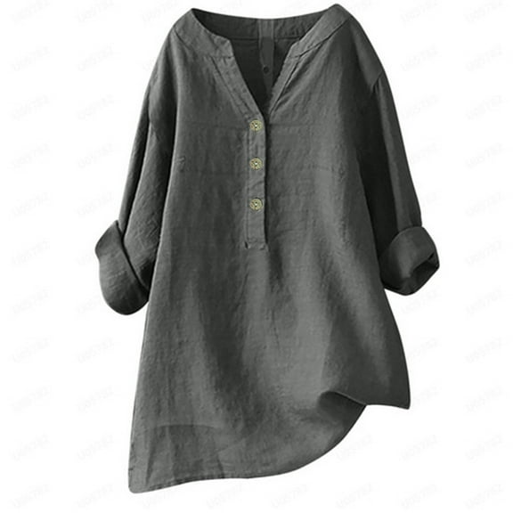 DuoJiaJ Womens Button Down Shirts V Neck Rolled Up Long Sleeve Tops Elegant Dressy Blouses Business Casual Outfits Gray L