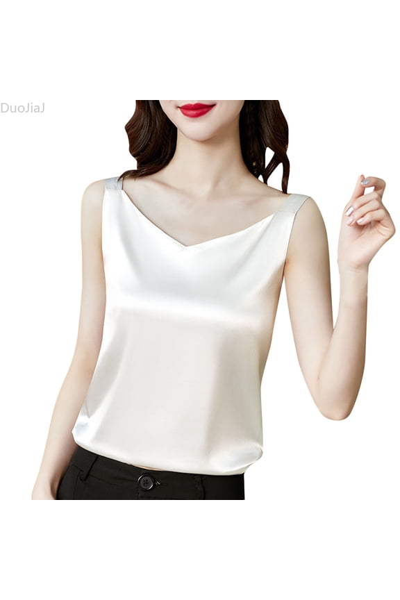 Womens Camisole Glossy Satin Sleeveless V Neck Lace Toggle Simple Cut Sweatshirt Ladies Tank Tops White XXL