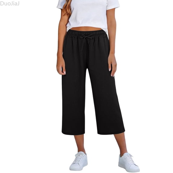 DuoJiaJ Womens Capri Pants, Drawstring Elastic Waist with Pockets Loose Black S