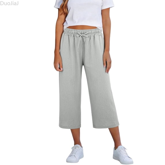 DuoJiaJ Womens Capri Pants, Drawstring Elastic Waist with Pockets Loose Gray XL