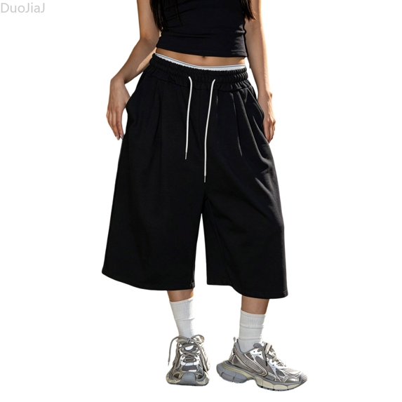 DuoJiaJ Womens Capri Pants, Drawstring Loose Cropped Sweatpants Casual Black L