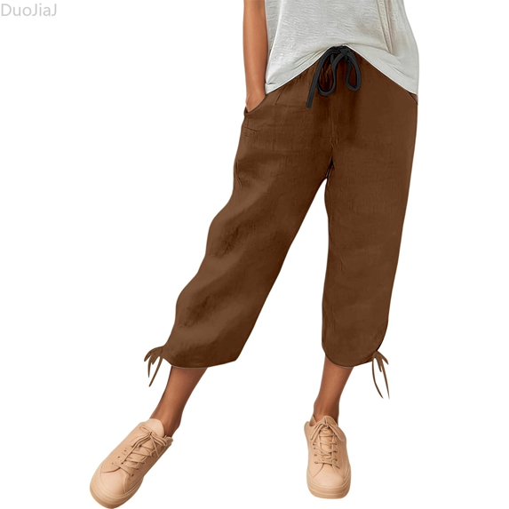 DuoJiaJ Womens Capri Pants, Elastic Waist with Pockets Loose Fit Casual Brown XXL