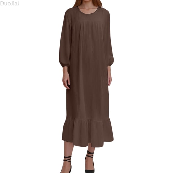 DuoJiaJ Womens Casual Dress, Crew Neck Ruffled Long Sleeve Dresses Brown S-5XL