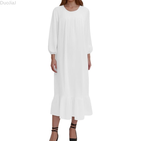 DuoJiaJ Womens Casual Dress, Crew Neck Ruffled Long Sleeve Dresses White S-5XL