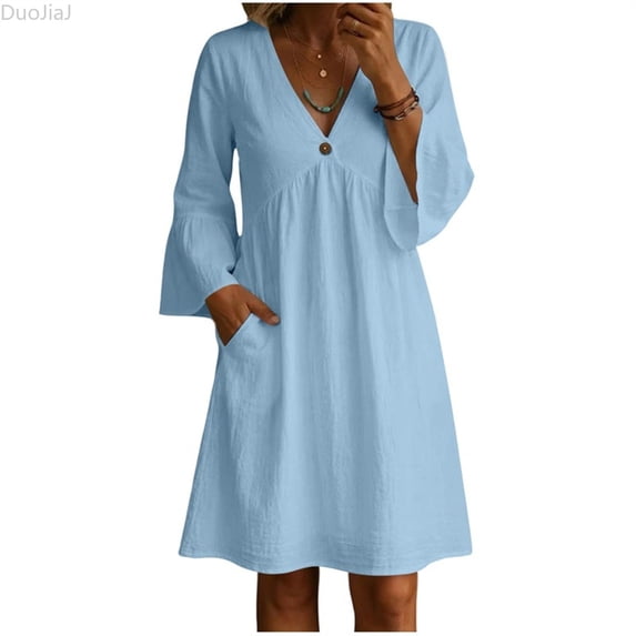 DuoJiaJ Womens Casual Dress, V Neck Long Sleeve Loose Fit Dresses Blue S-2XL