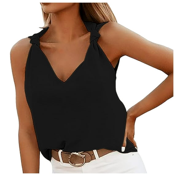 DuoJiaJ Womens Casual Fashion V Neck Knotted Detail Sleeveless Blouses Shirts Women’s Casual Ribbed Knit Tank Tops