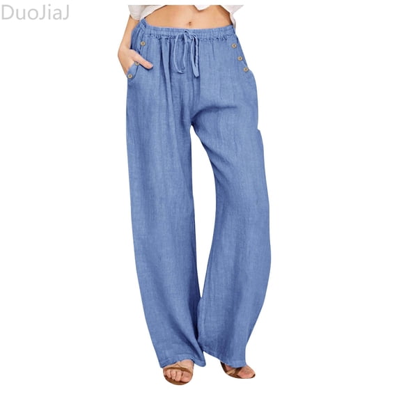 DuoJiaJ Womens Casual Soild Color Loose Elastic Waist Drawstring Button Casual Pants Casual Pants Women's Wide Leg Pants Blue M
