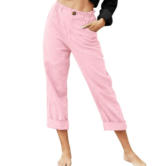 DuoJiaJ Womens Casual Solid Color Pockets Zipper Elastic Button Waist Pants Long Trousers Women’s Linen Casual Pants for Summer