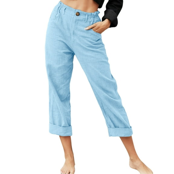 DuoJiaJ Womens Casual Solid Color Pockets Zipper Elastic Button Waist Pants Long Trousers Women’s Linen Casual Pants for Summer