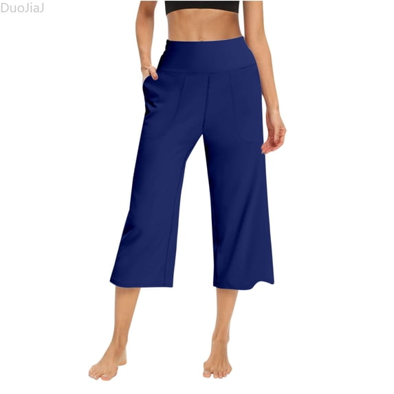 DuoJiaJ Womens Casual Wide Leg Yoga Capris High Waist Capri Pants Loose Soft with Pockets Lounge Pants Blue XXXL