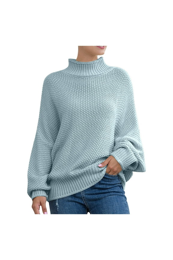 Womens Knit Sweater Batwing Sleeve Roll Neck Europe & America Style | Cozy Winter Wear Womens Blouses Long Sleeve Blue L