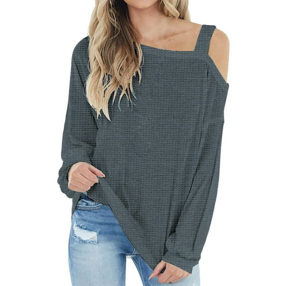 DuoJiaJ Womens Cold Shoulder Tops Long Sleeve Shirts Blouse Knit Tunic Casual Tops Loose Fit Women's Button Down Shirts Gray S