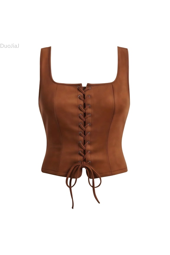Womens Corset Tank Top, Square Neck Figure Hugging Plus Size Top Brown L