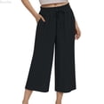 thumbnail image 1 of DuoJiaJ Womens Cotton Linen Capri Pants Summer Wide Leg High Waist Casual Pant with Pockets Beach Travel 2026 Black L, 1 of 4