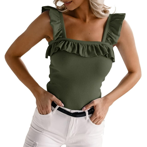 DuoJiaJ Womens Cute Sleeveless Tank Tops Ruffle Strap Neck Blouse Solid Color Knitted Camisole Cotton Tank Tops for Women