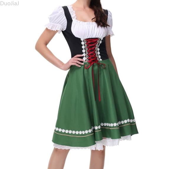 DuoJiaJ Womens Dirndl Dress, Short Sleeve Wrap Corset Bavarian Oktoberfest Party Gown Green S
