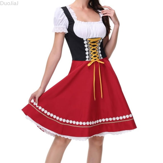 DuoJiaJ Womens Dirndl Dress, Short Sleeve Wrap Corset Bavarian Oktoberfest Party Gown Red M
