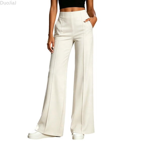 DuoJiaJ Womens Dress Pants, High Waist Straight Leg Business Trousers Beige L