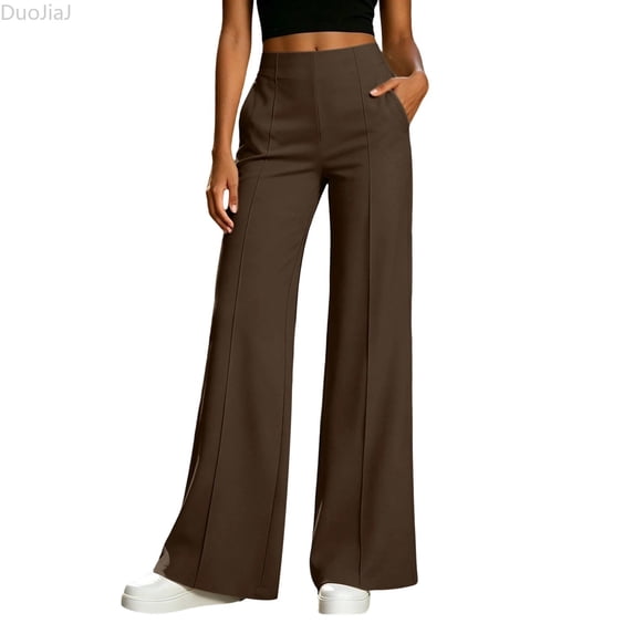 DuoJiaJ Womens Dress Pants, High Waist Straight Leg Business Trousers Brown XL