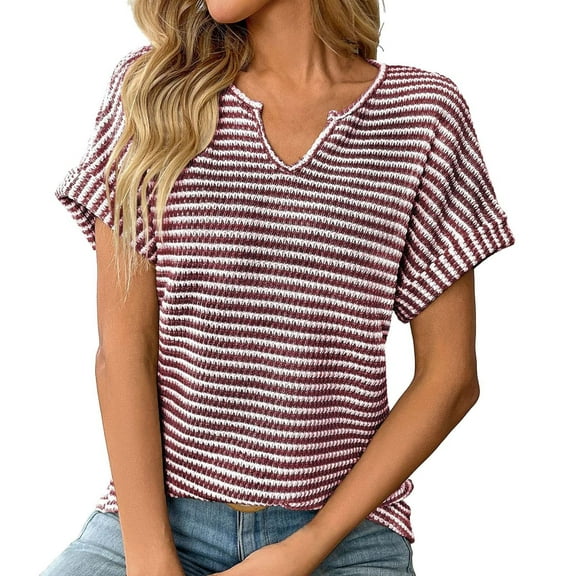 DuoJiaJ Womens Dressy Casual Cap Short Sleeve Tops Trendy Summer V Neck Loose Striped Casual Basic T Shirts Tee Blouses Women’s Linen Button-Down Shirts for Summer Red XL