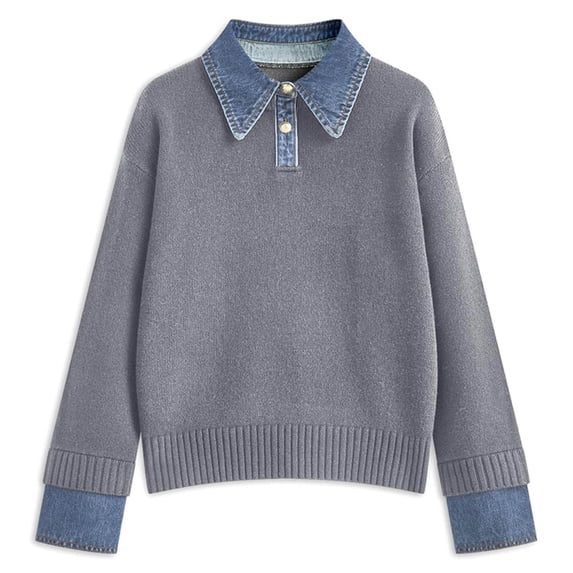DuoJiaJ Womens Fall Oversized Long Sleeve Sweaters Lapel Sweater Knit Sweater Tops Gray L