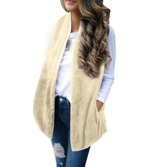 DuoJiaJ Womens Outwear Vests Sleeveless Furry Fall Winter Warm Coat With Two Pockets Artificial Wool Vest Coat Womens Lightweight Winter Coat Beige S
