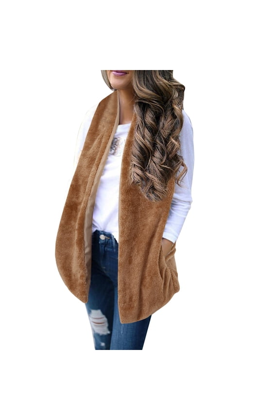 Womens Outwear Vests Sleeveless Furry Fall Winter Warm Coat With Two Pockets Artificial Wool Vest Coat Womens Lightweight Winter Coat Yellow S