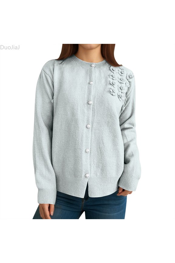 Womens Floral Jacquard Cardigan, Crew Neck Button Front Fall Winter Blue L