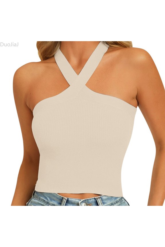 Womens Halter Top, Solid Color Backless Knitted Design Casual Beige M