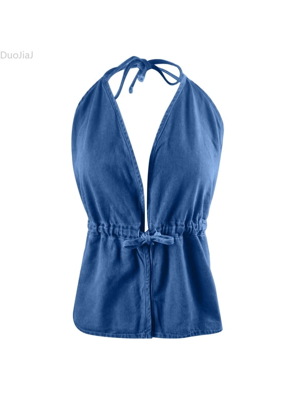 Womens Halter Top, V Neck Backless with Ruffle Tie Detail Denim Blue S