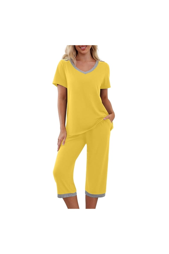 Womens Home Clothes Short Sleeved Silk Like Pajamas Womens Summer Multicolor Suit Plus Size Nightgowns Women Yellow