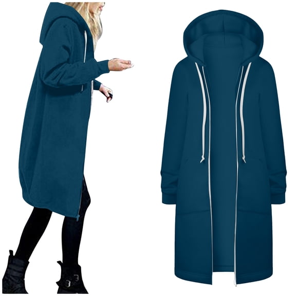 DuoJiaJ Womens Hoodies Coat Fall Winter Warm Pockets Drawstring Zipper Open Thin Hooded Jackets Long Cardigans Tops Outwear Womens Jacket Blue XXL