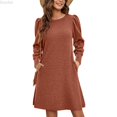 thumbnail image 1 of DuoJiaJ Womens Knit Dress, Crew Neck Puff Sleeves Tunic Dresses Brown S-2XL, 1 of 7