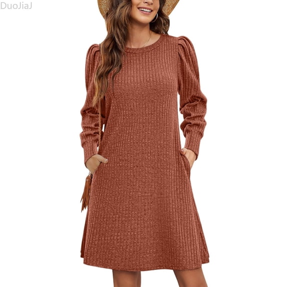 DuoJiaJ Womens Knit Dress, Crew Neck Puff Sleeves Tunic Dresses Brown S-2XL