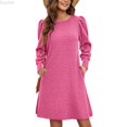 thumbnail image 1 of DuoJiaJ Womens Knit Dress, Crew Neck Puff Sleeves Tunic Dresses Pink S-2XL, 1 of 7