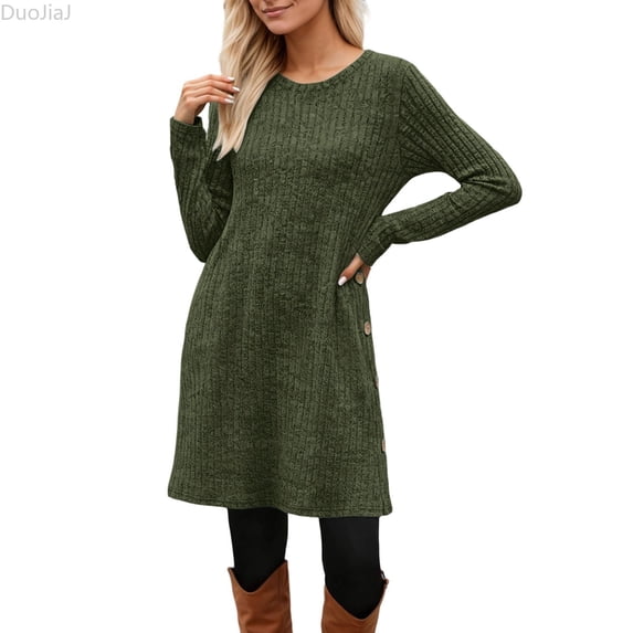 DuoJiaJ Womens Knit Dress, Crew Neck with Pockets Long Sleeve Dresses Green S-2XL