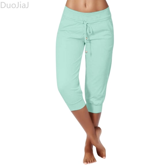 DuoJiaJ Womens Knitted Cropped Casual Tight High Waisted Drawstring Pocket Sports Pants Casual Pants Women's Cropped Pants Green S