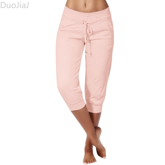 DuoJiaJ Womens Knitted Cropped Casual Tight High Waisted Drawstring Pocket Sports Pants Casual Pants Women's Cropped Pants Red S