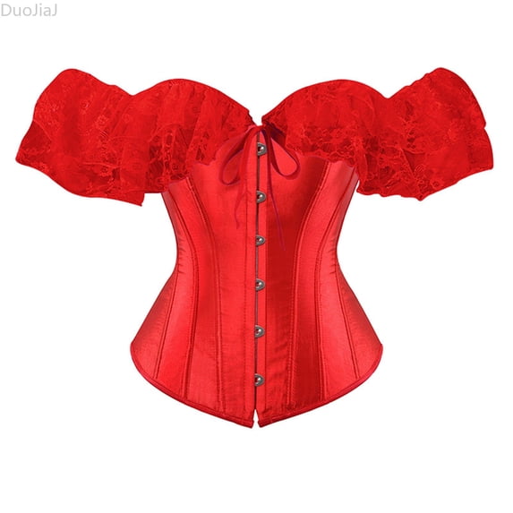 DuoJiaJ Womens Lace Up Corset, Boned Overbust Bustier Shaping Bodice Red Sizes XS-6XL
