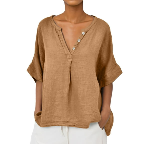 DuoJiaJ Womens Linen Button Down Shirts V Neck Half Sleeve Casual Tops Spring Summer Fashion Loose Blouses Shirts Linen Tops for Women Yellow M