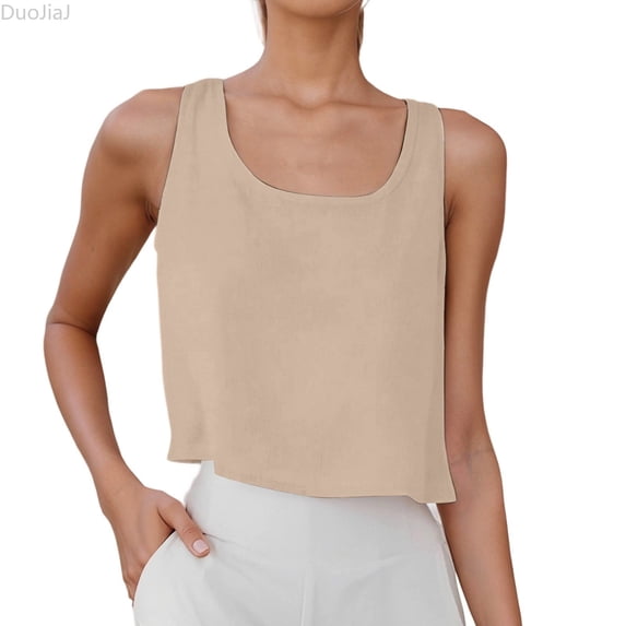 DuoJiaJ Womens Linen Crop Tops Summer Casual Loose Cotton Linen Sleeveless Tank Top Beige L