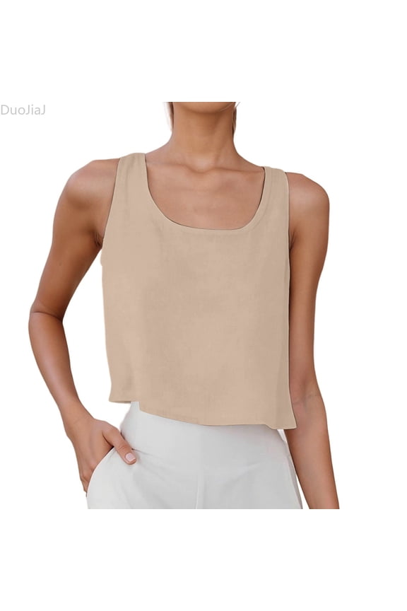 Womens Linen Crop Tops Summer Casual Loose Cotton Linen Sleeveless Tank Top Beige S