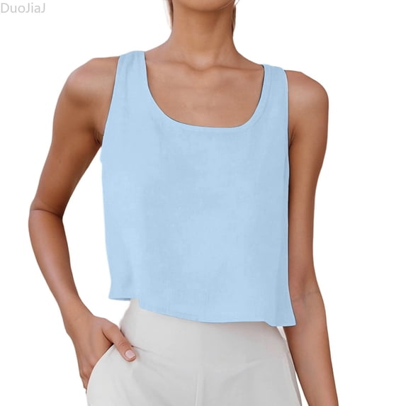 DuoJiaJ Womens Linen Crop Tops Summer Casual Loose Cotton Linen Sleeveless Tank Top Blue XXL