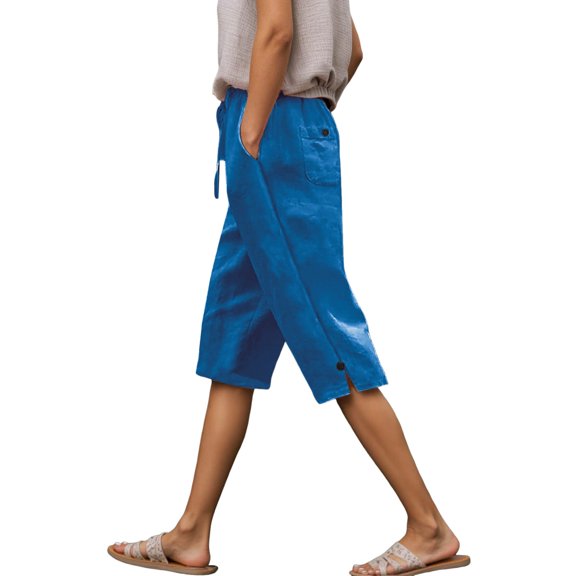 DuoJiaJ Womens Linen Shorts Knee Length Casual Loose Capri Pants Summer Elastic Waist Drawstring Pants With Pockets Women’s Casual Pants