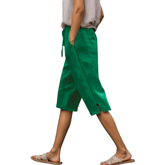 DuoJiaJ Womens Linen Shorts Knee Length Casual Loose Capri Pants Summer Elastic Waist Drawstring Pants With Pockets Women’s Casual Pants