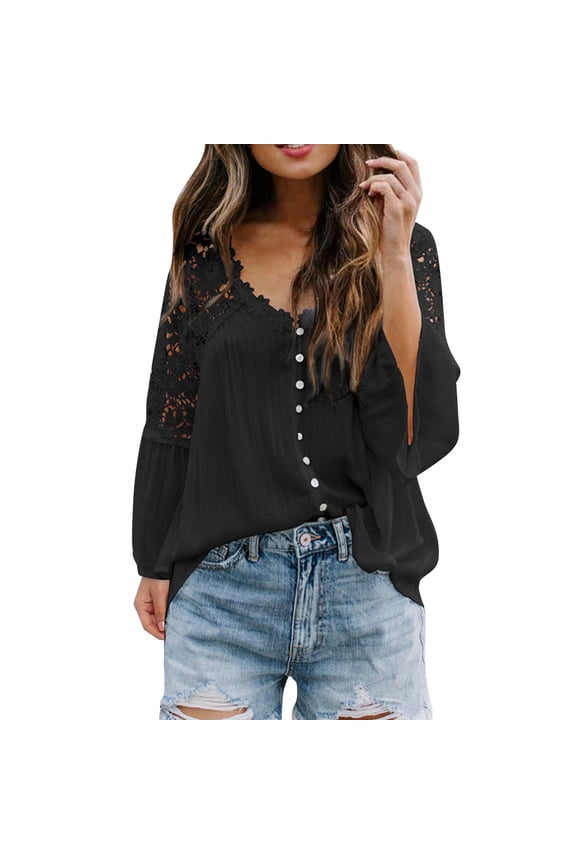 Womens Long Sleeve Lace Trim Tunic Tops Button Down Casual Blouse Cute V Neck Shirt Women’s Summer Tops Black